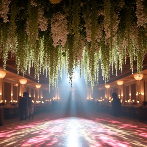 A large-scale hanging floral installation over a dance floor.